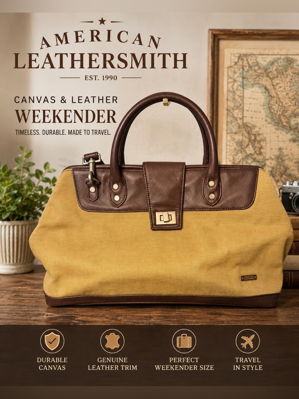 American Leathersmith Canvas & Leather Weekender Travel Bag Carry-On Duffel